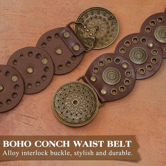 Women Vintage Disc Waist Concho Leather Belt Boho Waist Belt Brown Bronze Buckle main image 5